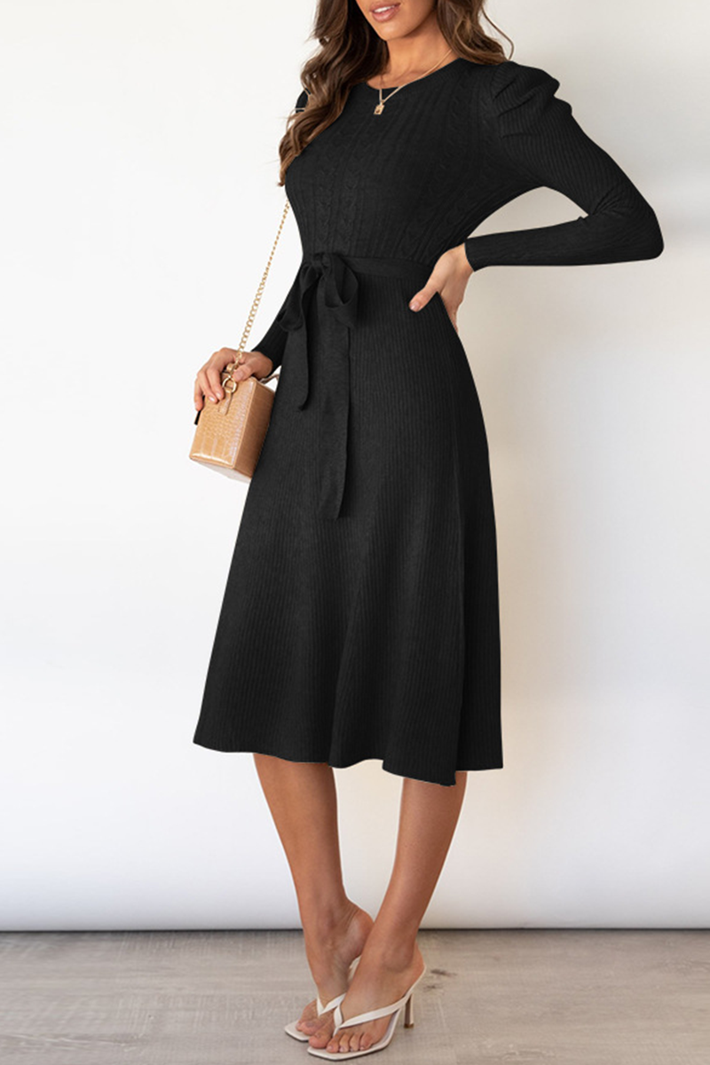 acelimosf™-Elegant Solid With Belt O Neck Sweater Dresses