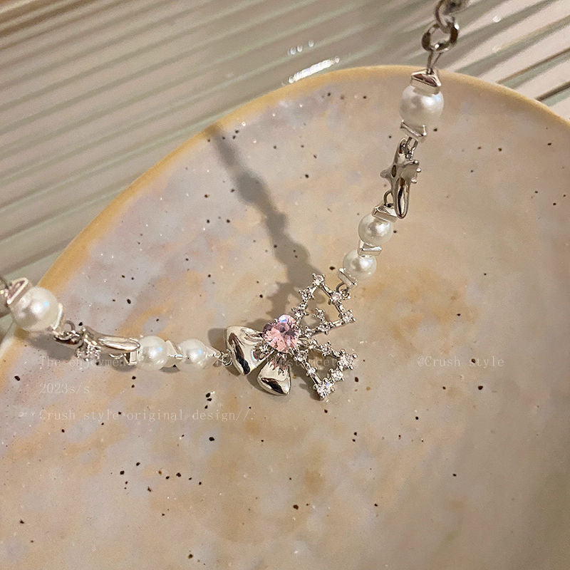 Cool bow zircon pearl necklace