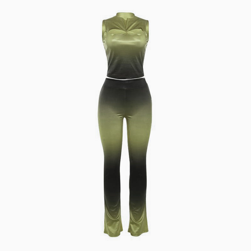 acelimosf™-Sleeveless gradient crewneck ruched hollow out pant set