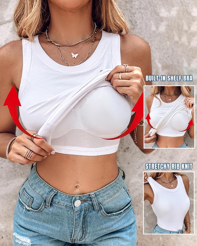 💕Round Neck Built-in Bra Ribbed Tank Top Fit Casual Comfortable