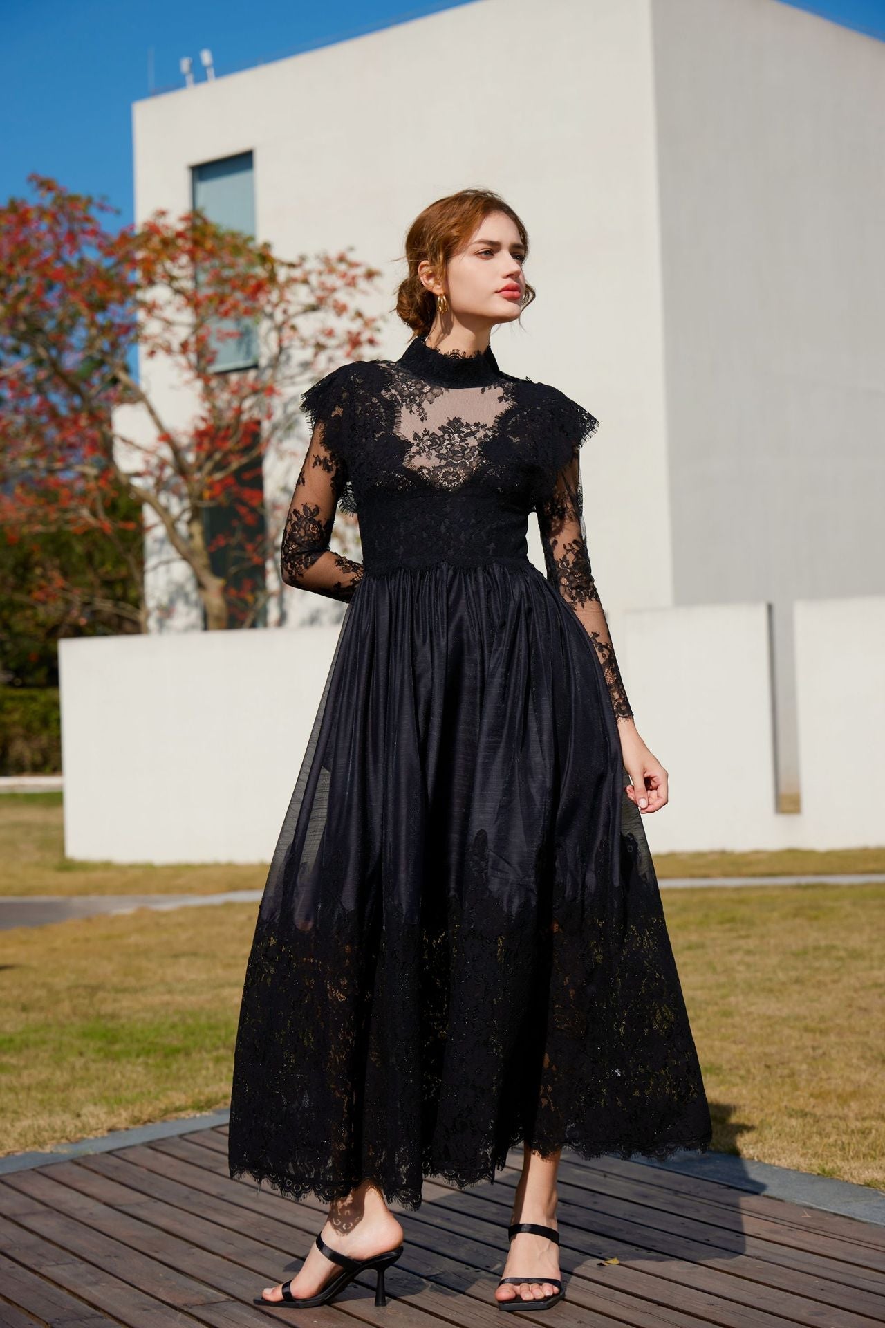 acelimosf™-Long-sleeved lace mid-neck patchwork evening gown