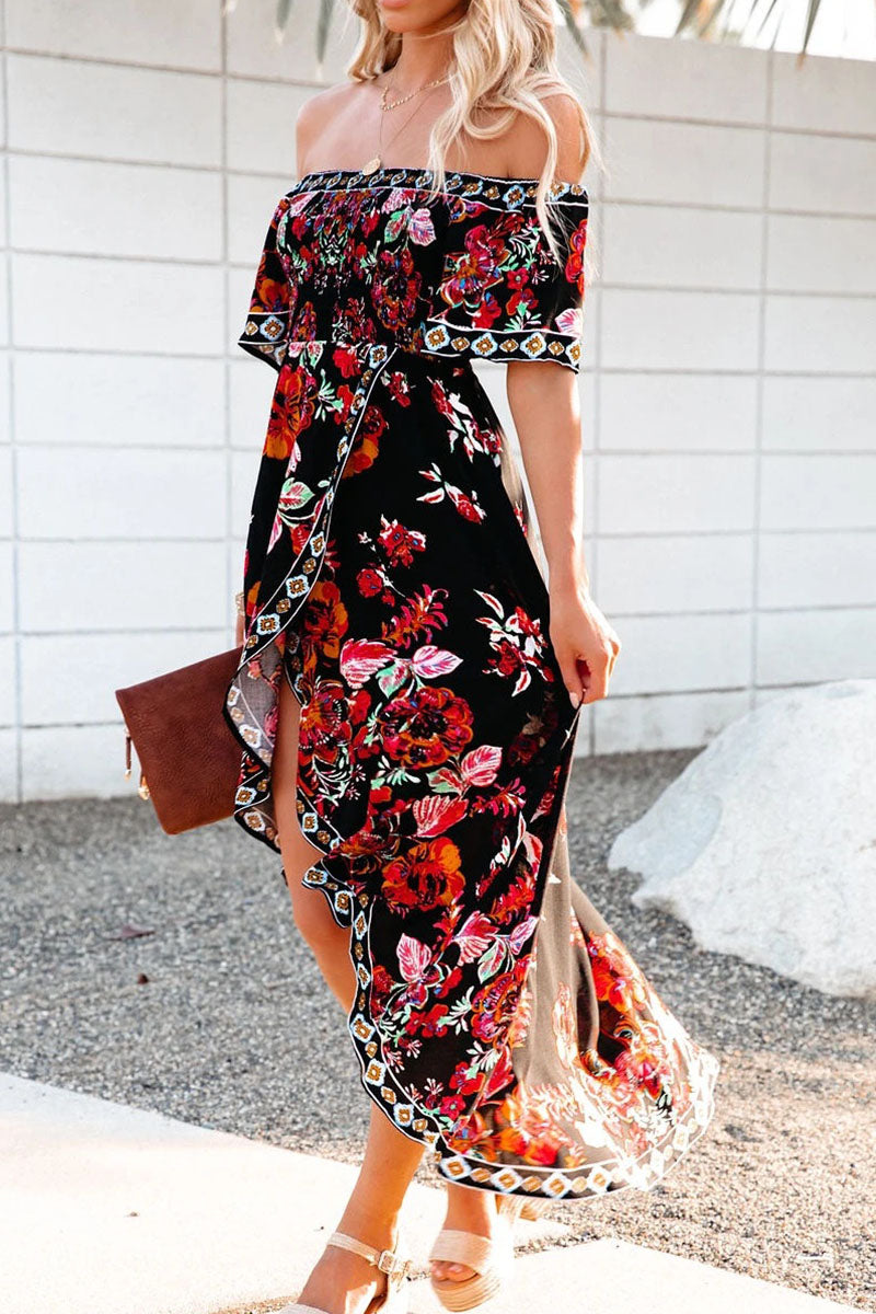 acelimosf™-Fashion Street Print Patchwork Off the Shoulder Irregular Dresses