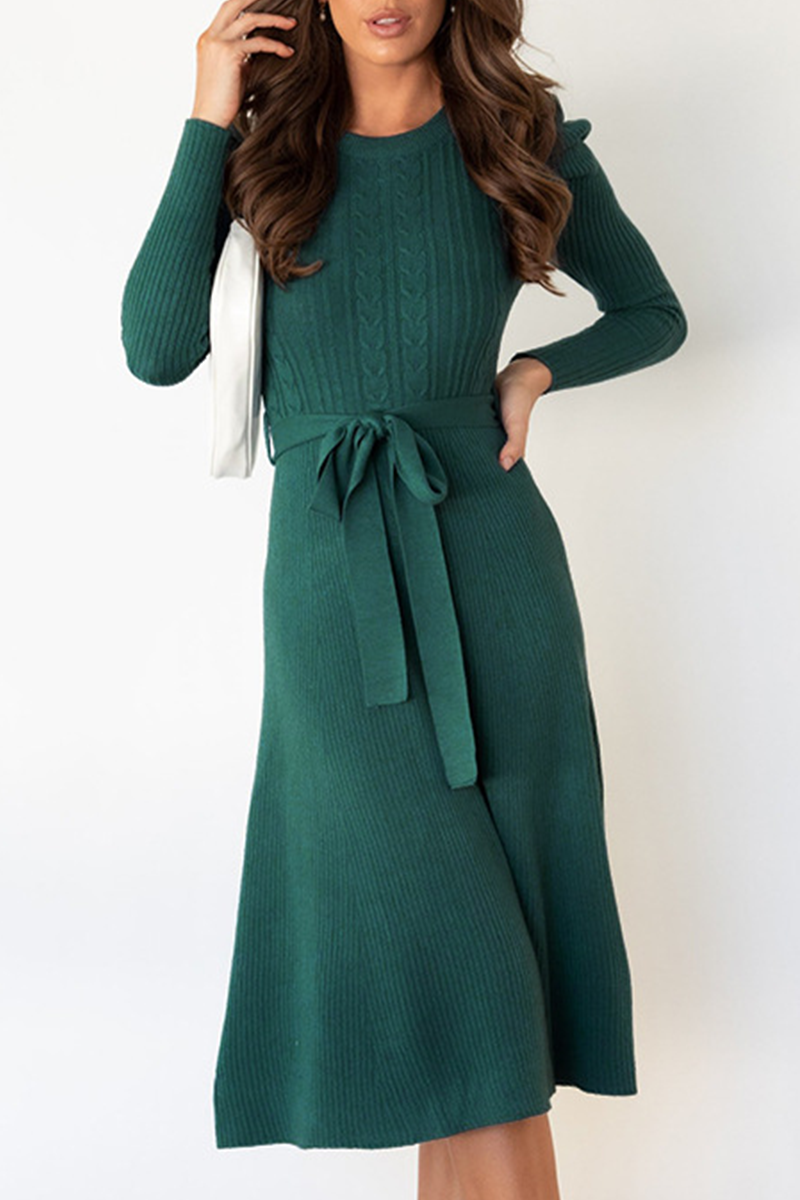 acelimosf™-Elegant Solid With Belt O Neck Sweater Dresses