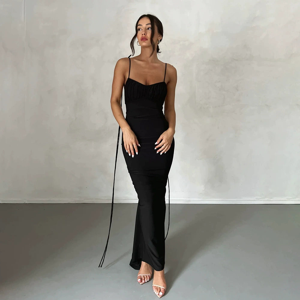 acelimosf™-Sexy Backless Pleated Maxi Evening Dress Sleeveless Suspender Dress