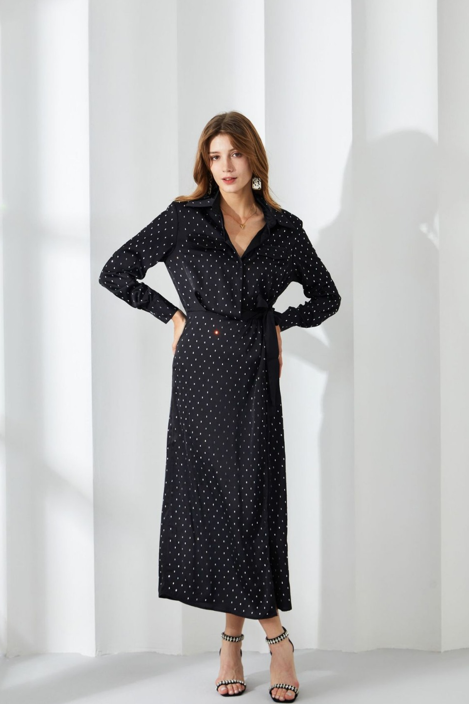 acelimosf™-Polka dot long sleeve thin bow dress