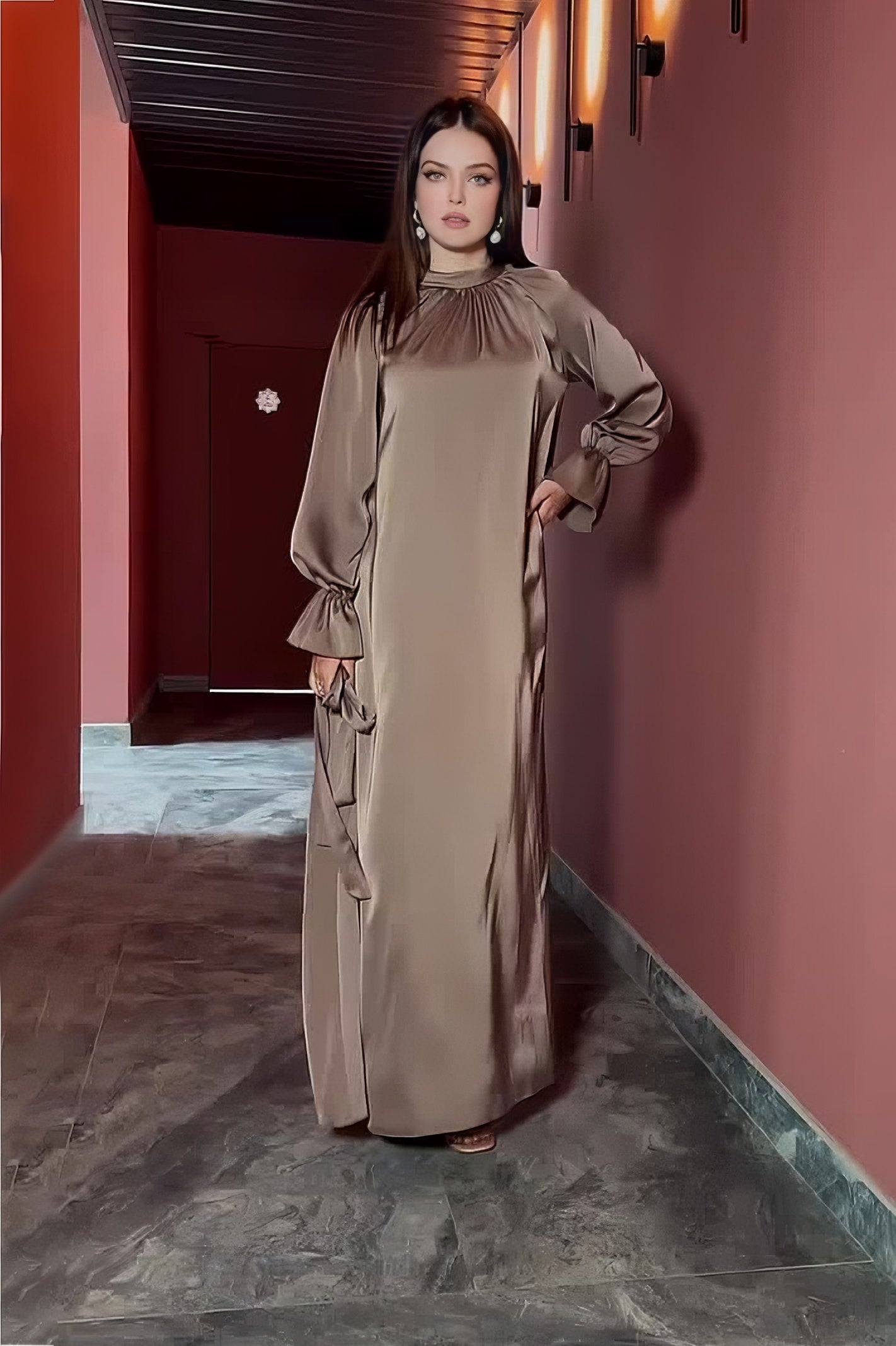 acelimosf™-Solid Color Satin Long Sleeve Loose Dress