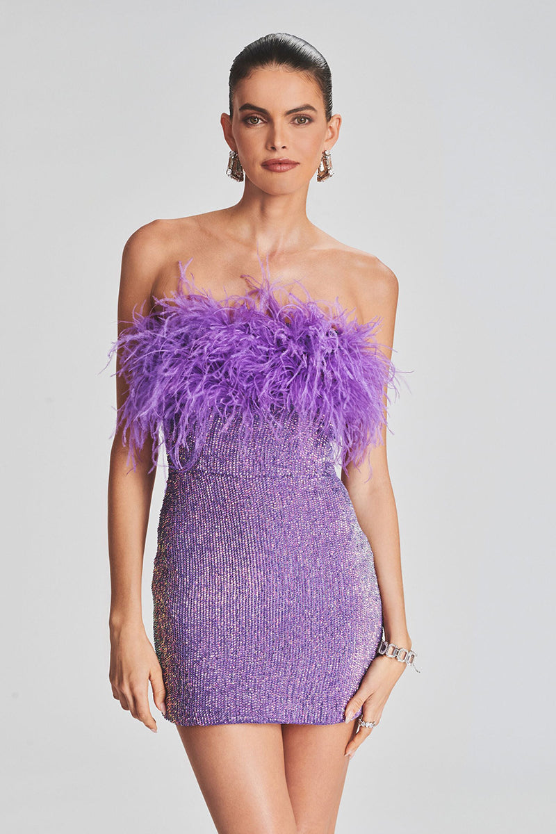 acelimosf™-Sexy backless ostrich feather fringed tube top evening dress