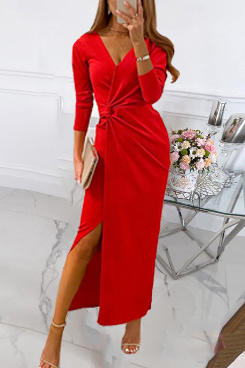 acelimosf™-Elegant Solid Slit Fold V Neck Evening Dress Dresses