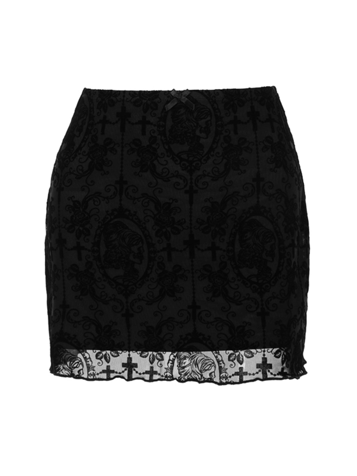 acelimosf™-Print mesh bowknot ruffle mini skirt