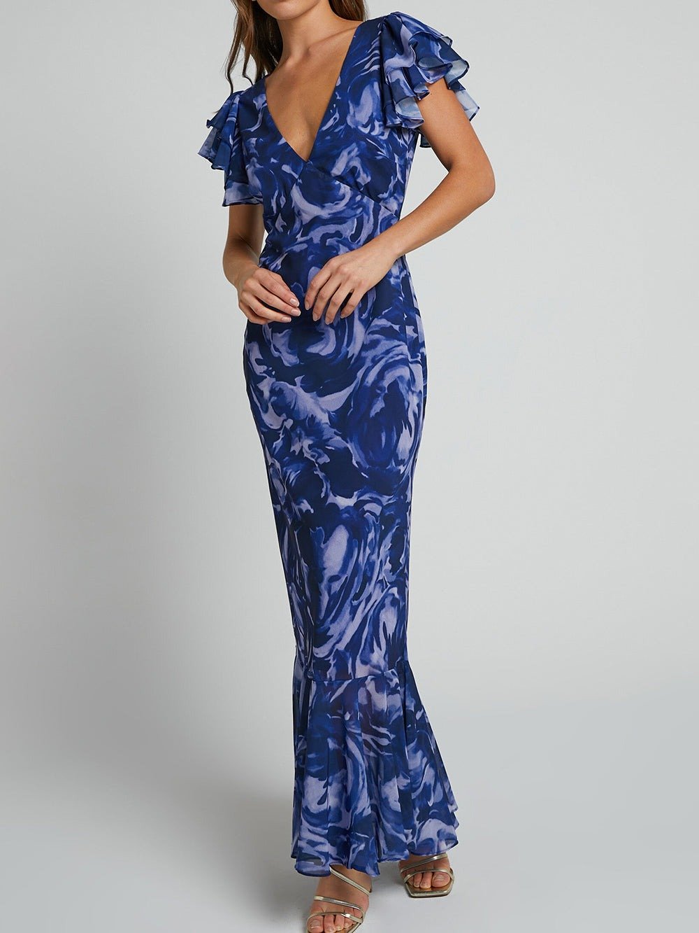 acelimosf™-Navy Swirl V-Neck Flutter Sleeve Maxi Dress