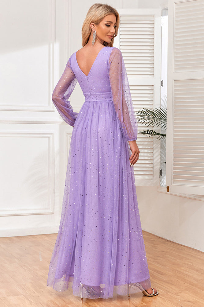 acelimosf™-V-neck see-through long-sleeved tulle shiny evening dress