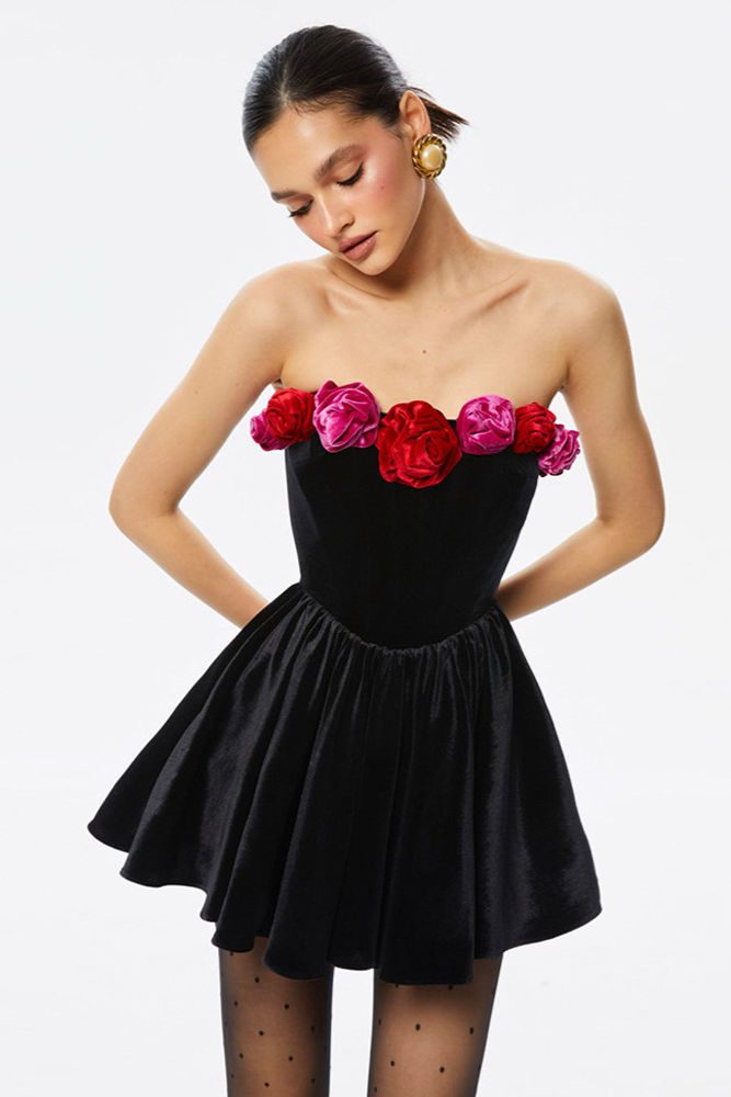 acelimosf™-Strapless floral embellished contrast color evening dress