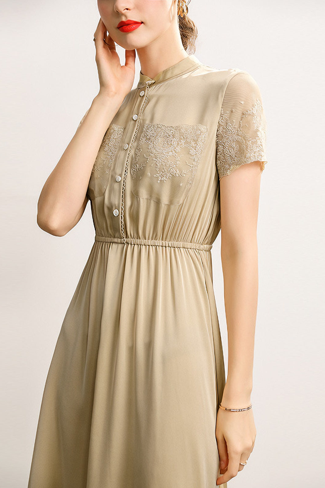 acelimosf™-Waist-stitched lace stand-collar short-sleeved mid-length dress