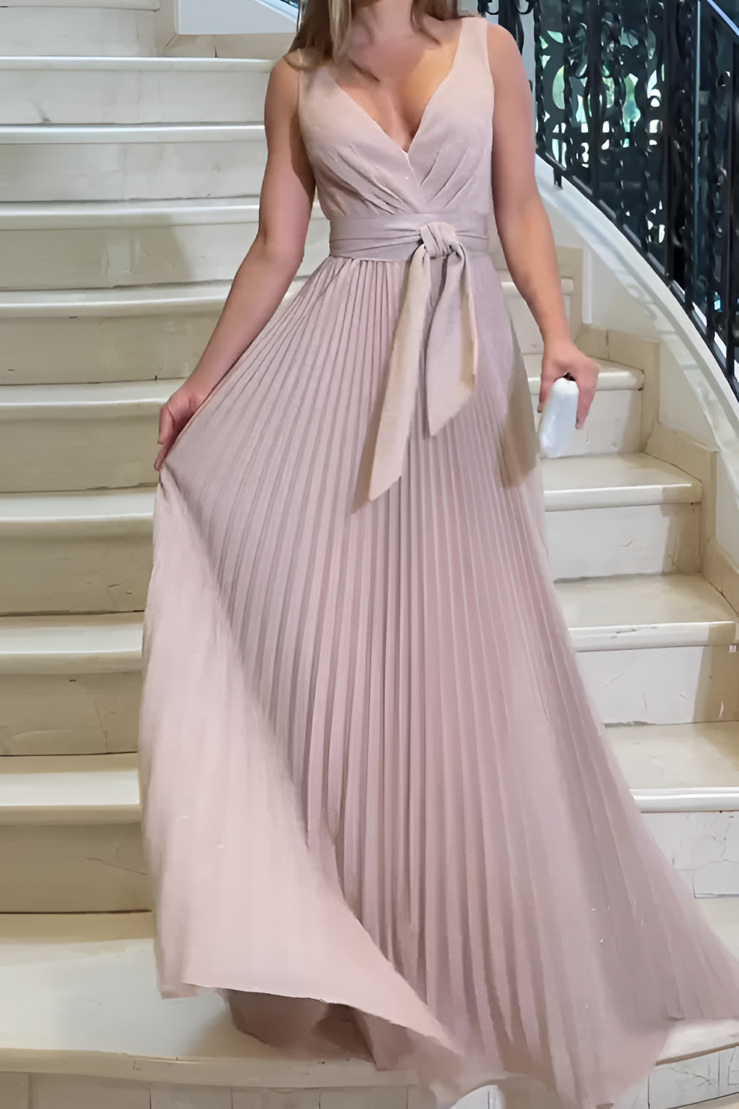 acelimosf™-Solid color V-neck high waist pleated design sleeveless evening dress