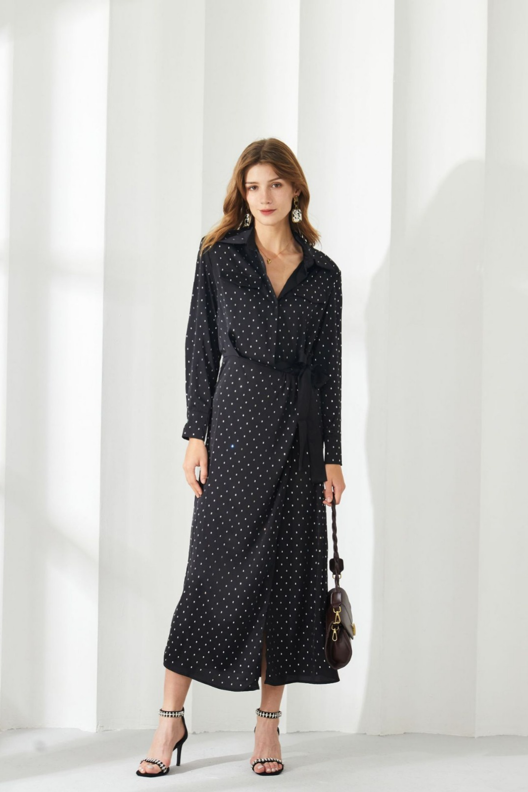 acelimosf™-Polka dot long sleeve thin bow dress