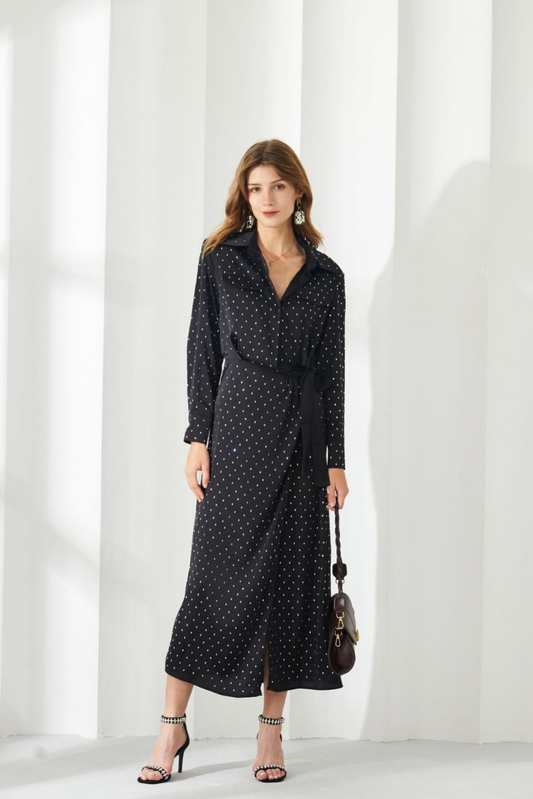 acelimosf™-Polka dot long sleeve thin bow dress