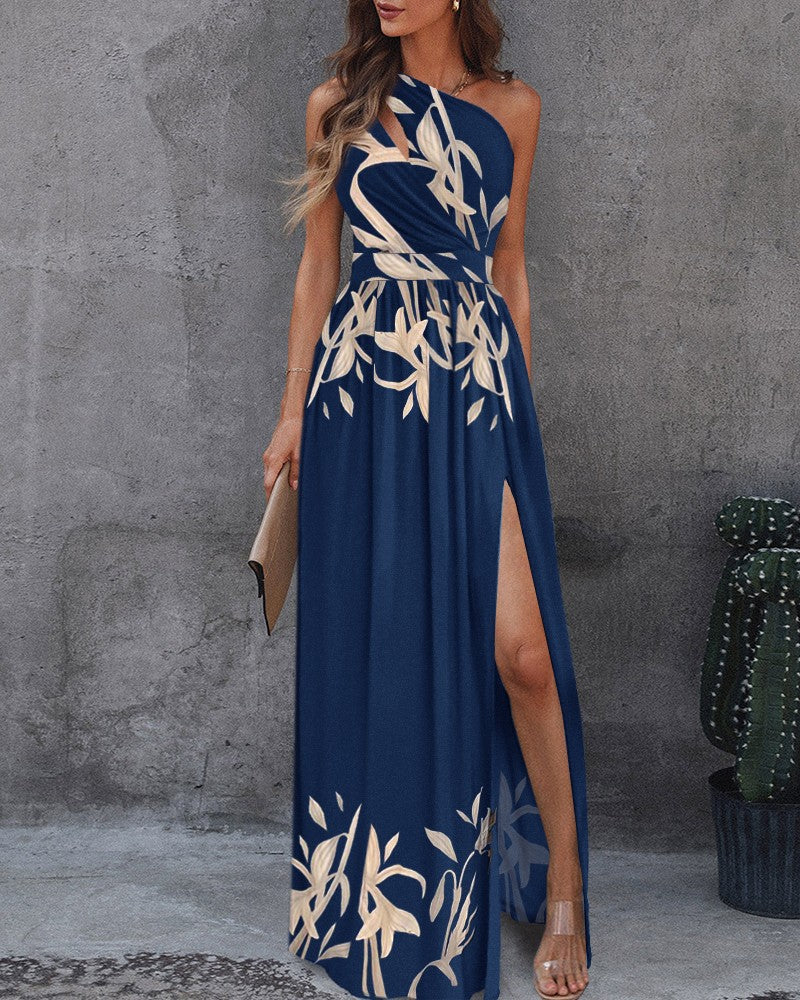 acelimosf™-One-shoulder cutout halterneck high-waisted slit maxi dress