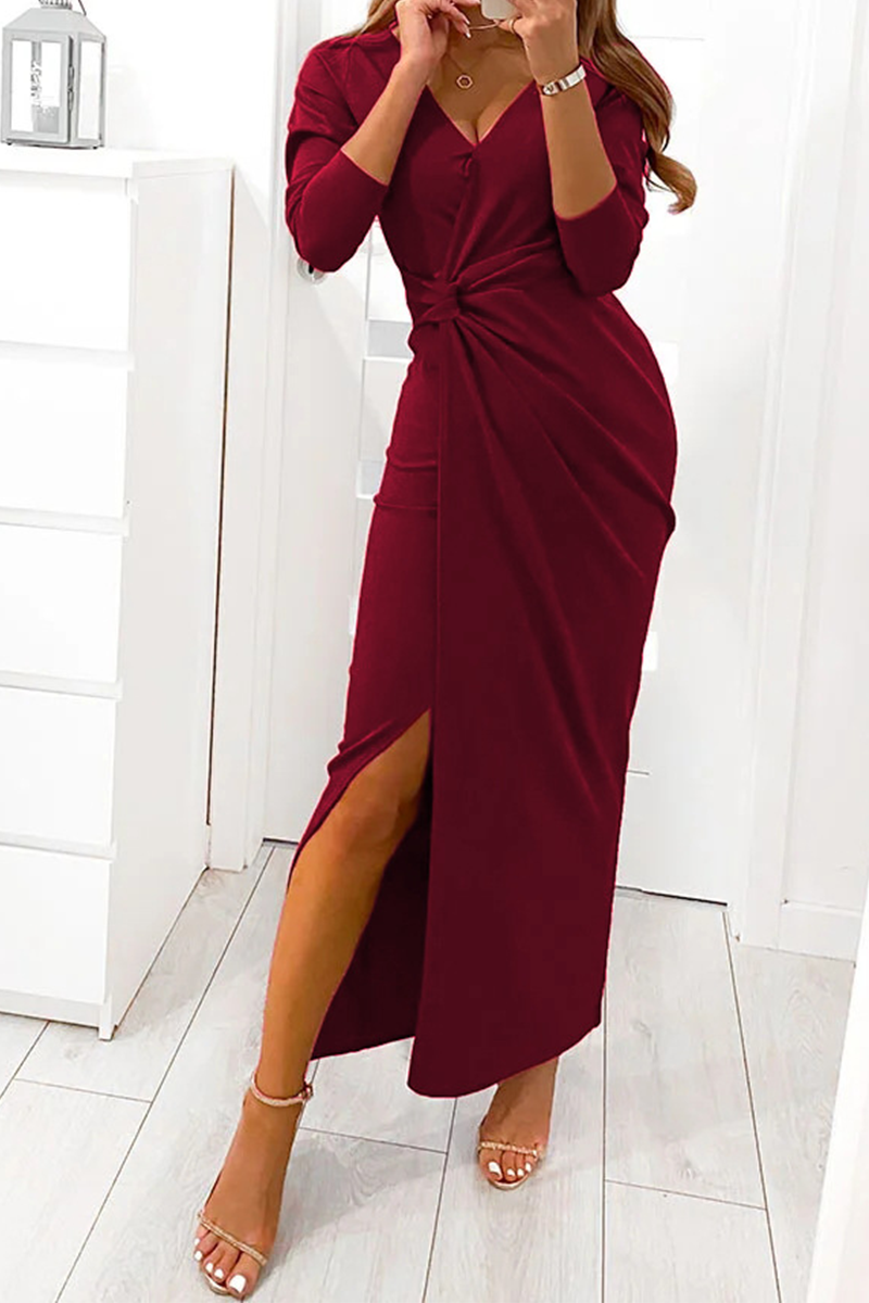 acelimosf™-Elegant Solid Slit Fold V Neck Evening Dress Dresses