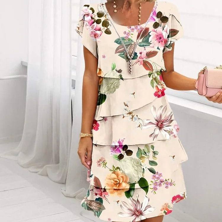 Multi-Plant Floral Print Cascade Dress