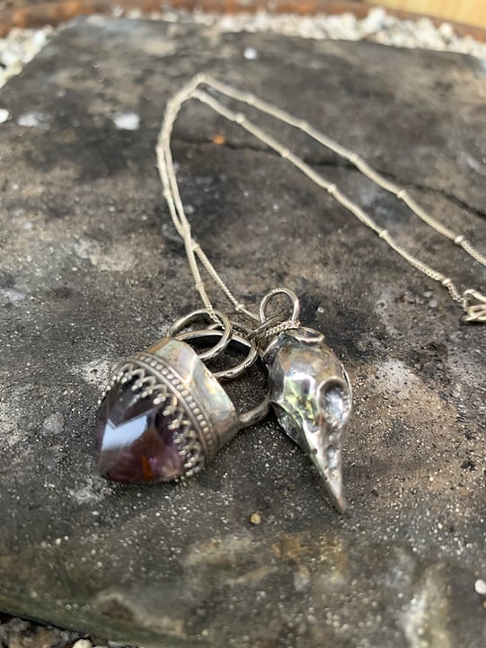 Amethyst And Crow Skull Locket Talisman