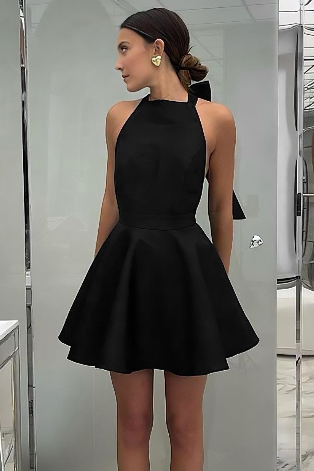 acelimosf™-Black high-waisted sleeveless halterneck dress