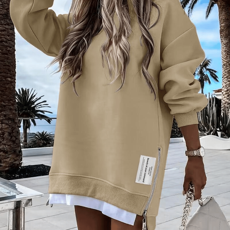Long Sleeve Pullover Sweatshirt Zipper Slit Casual Dress