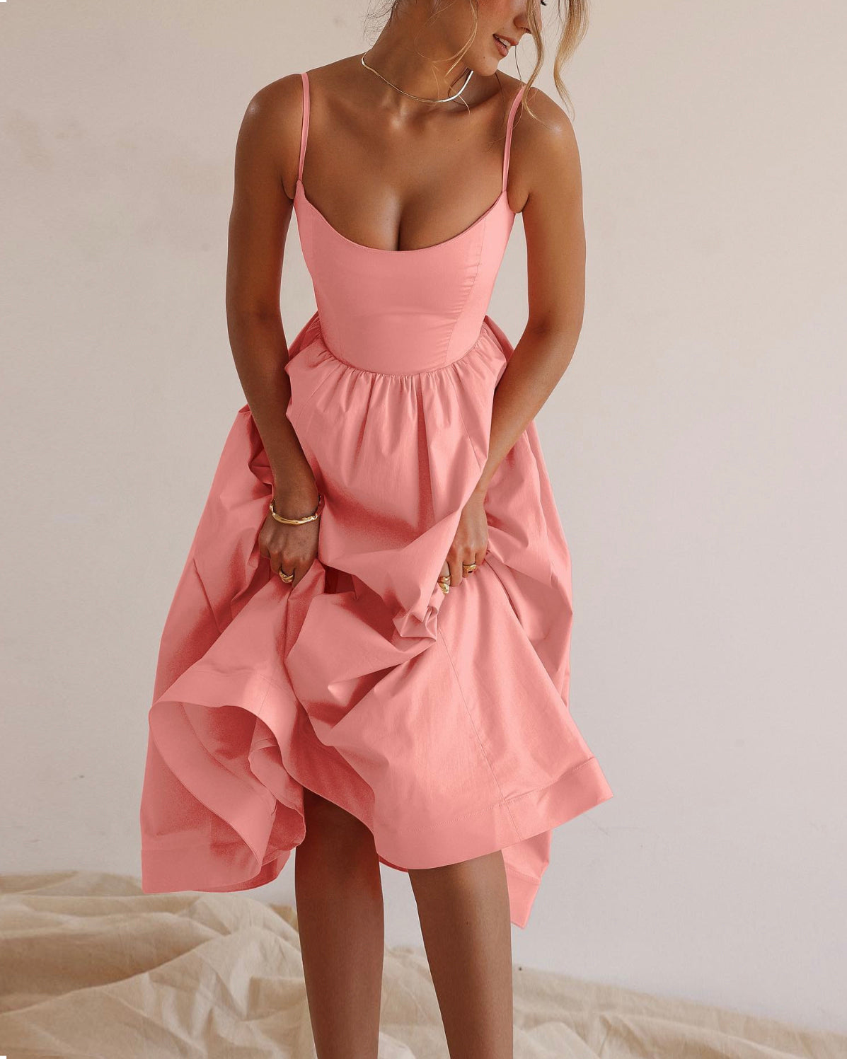 acelimosf™-Solid V-neck Pleated Waist Dress