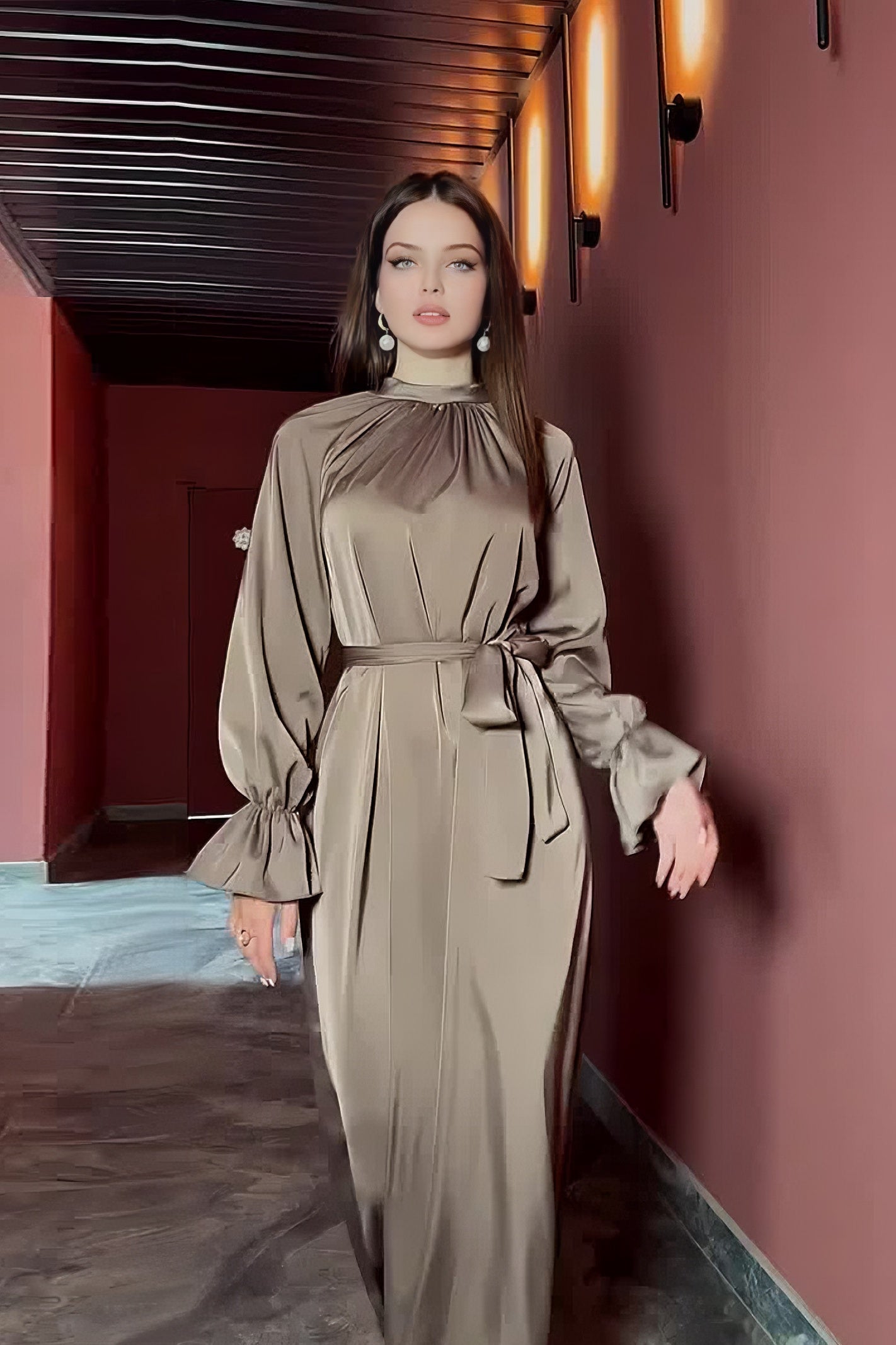 acelimosf™-Solid Color Satin Long Sleeve Loose Dress