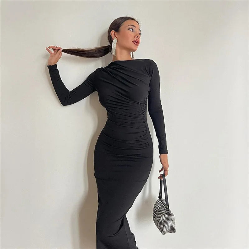 acelimosf™-Fashionable round neck long sleeve slim fit hip-hugging solid color elegant dress