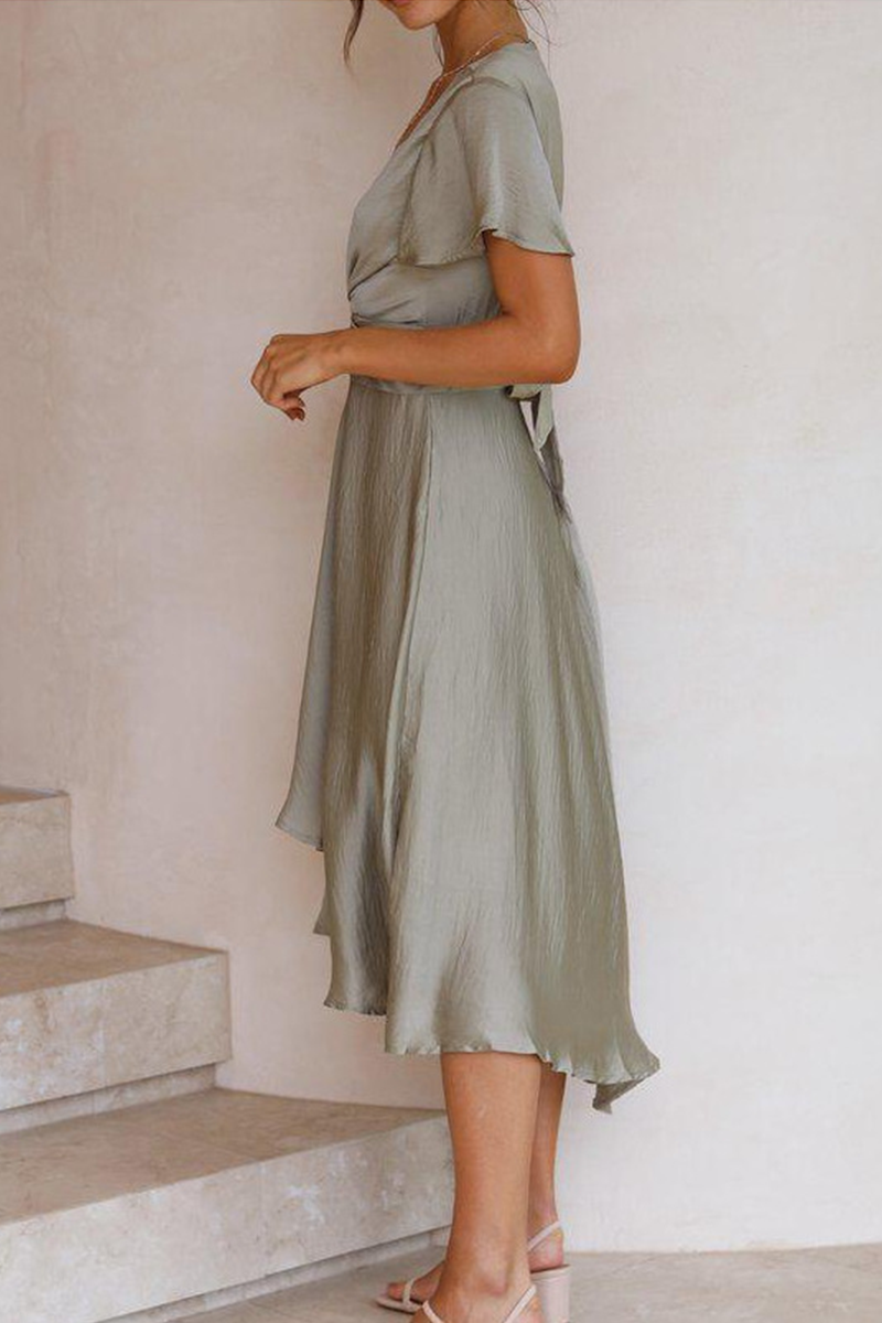 acelimosf™-Elegant Solid Knotted With Belt V Neck Irregular Maxi Dresses