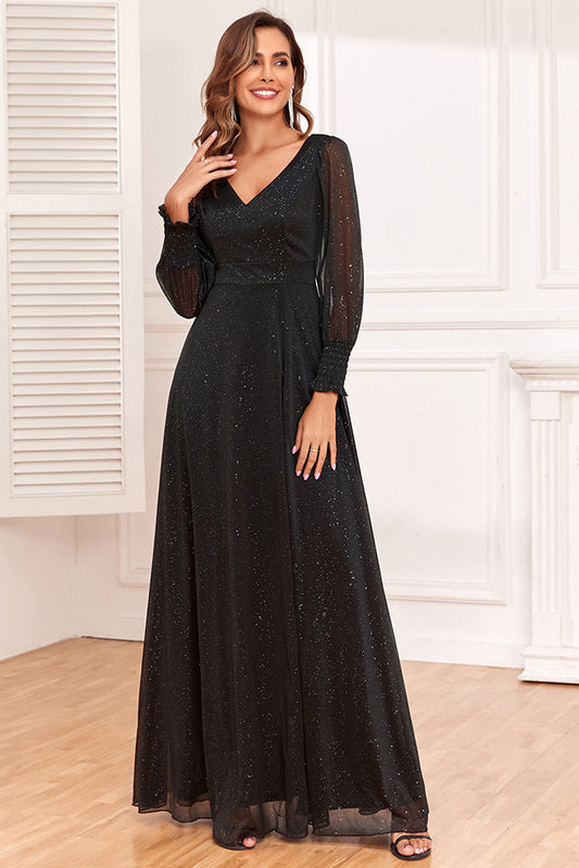 acelimosf™-V-neck high slit big A-line sparkling evening dress