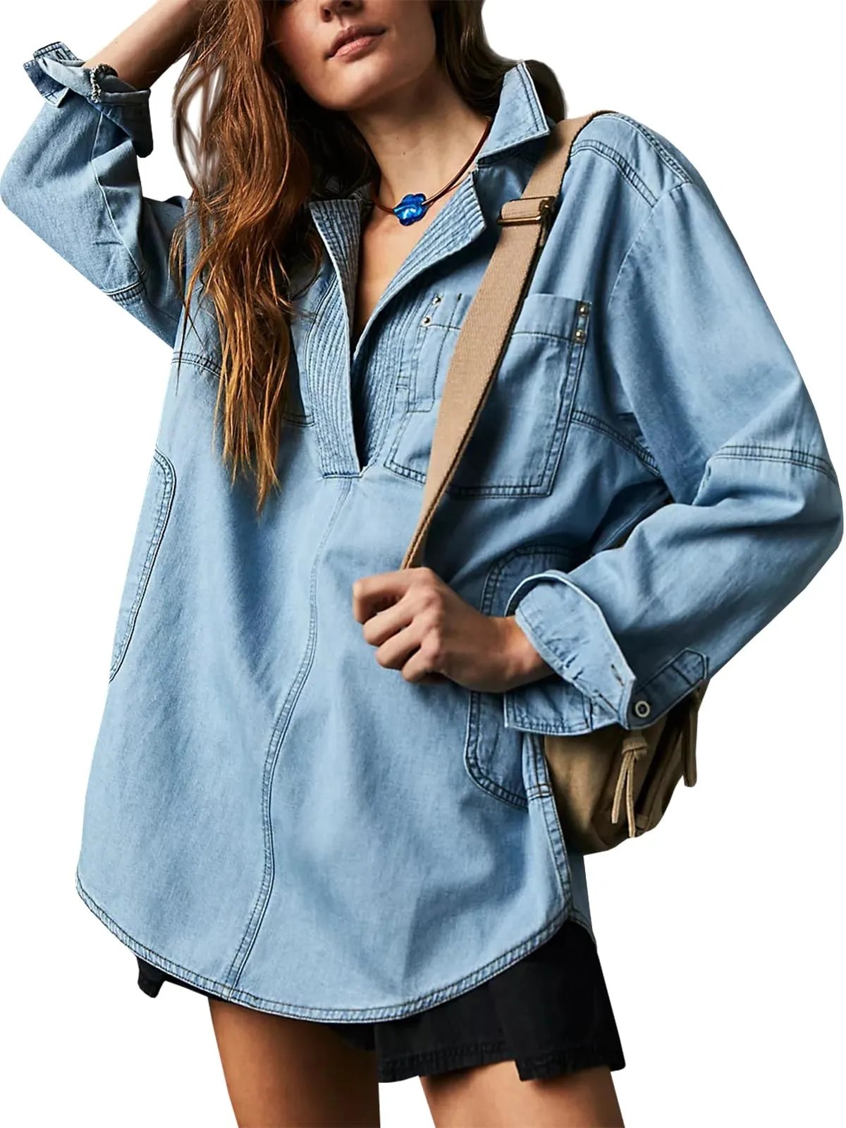 Limited time sale🔥Women's Denim V-Neck Pullover Shirt