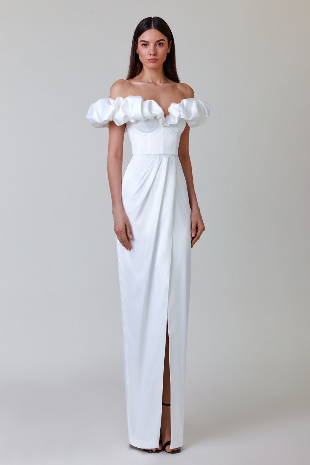 acelimosf™-One-shoulder strapless ruffled dress with high slit