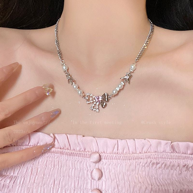 Cool bow zircon pearl necklace