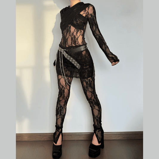 acelimosf™-Long sleeve ruched lace zip-up see through 2 piece jumpsuit