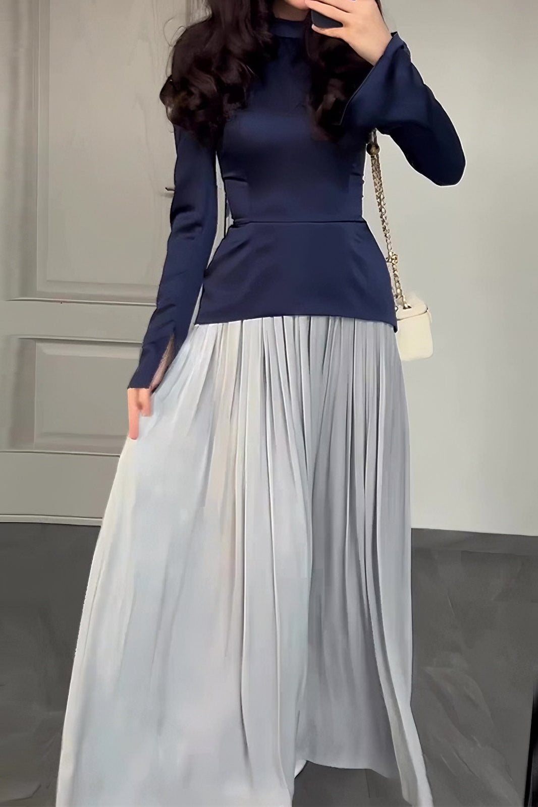 acelimosf™-Solid color fashionable stitching design round neck pleated long skirt