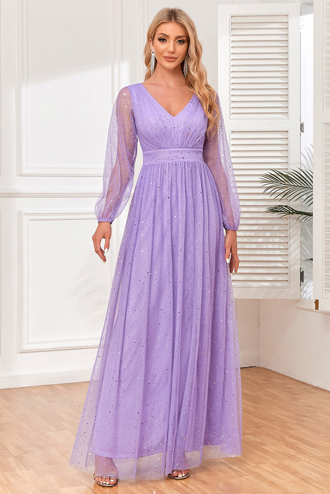 acelimosf™-V-neck see-through long-sleeved tulle shiny evening dress