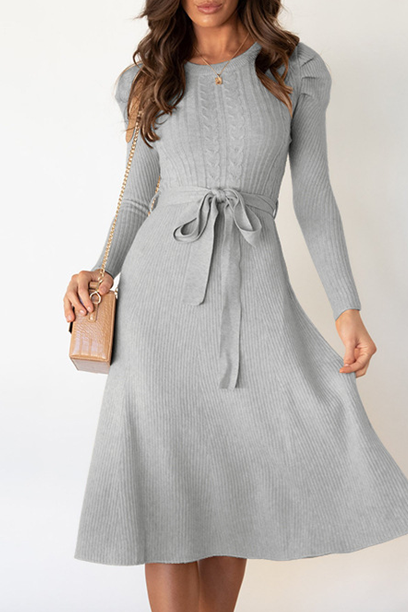 acelimosf™-Elegant Solid With Belt O Neck Sweater Dresses