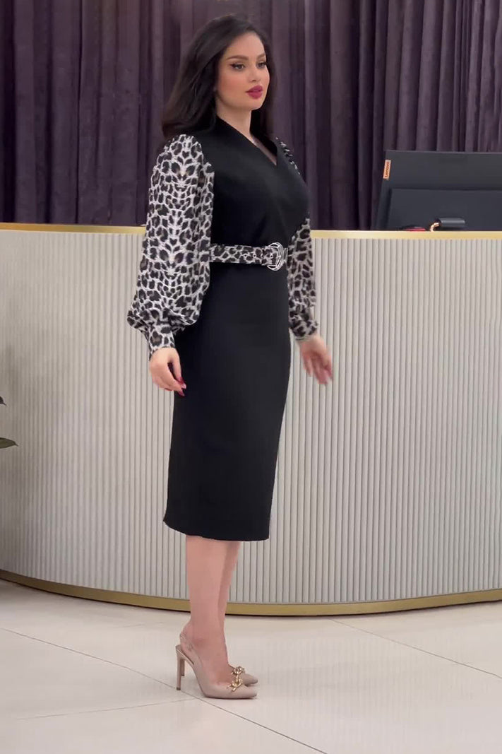 acelimosf™-V-neck leopard print long sleeve belted slim-fit dress