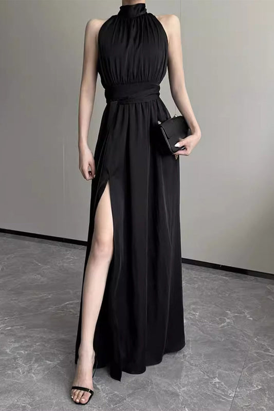 acelimosf™-Elegant Solid Slit Fold Halter Waist Skirt Dresses