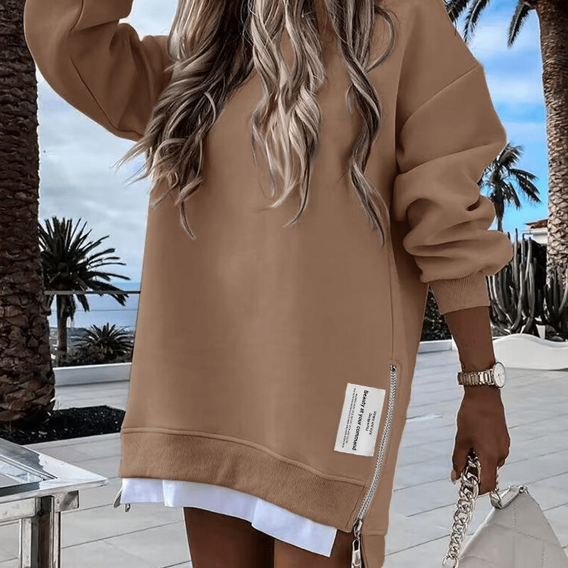 Long Sleeve Pullover Sweatshirt Zipper Slit Casual Dress