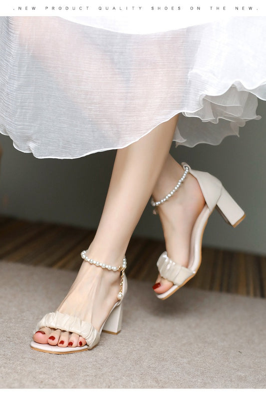 acelimosf™-White pearl chain niche high heel sandals