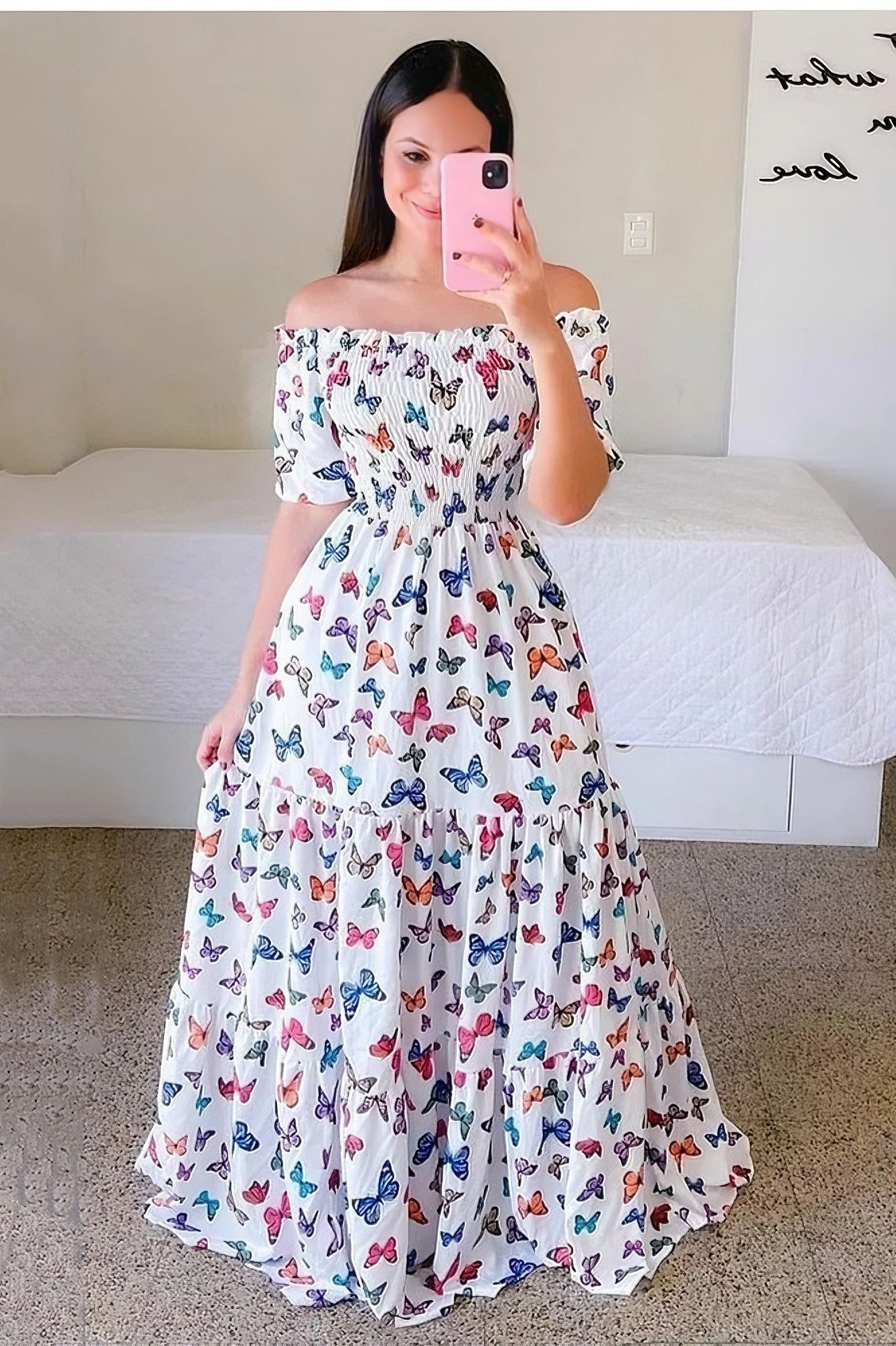 acelimosf™-One-shoulder floral off-shoulder long printed dress