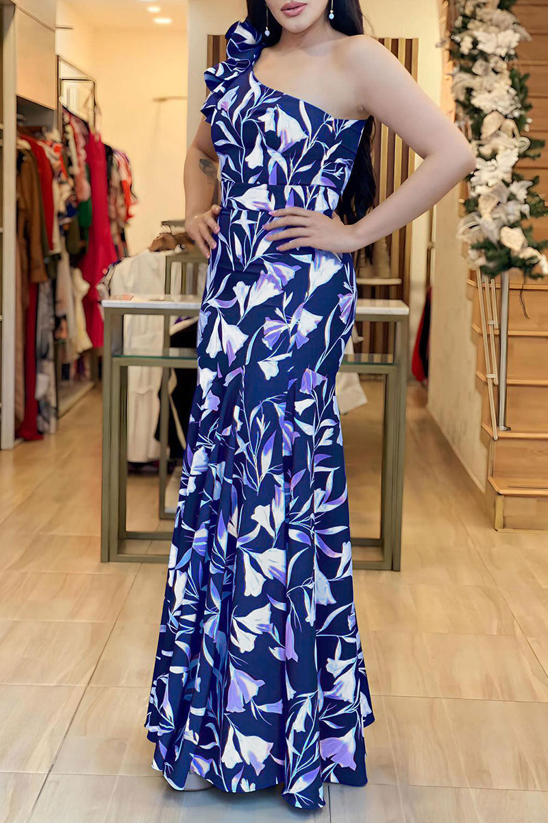 acelimosf™-Casual Print Patchwork Backless Oblique Collar Long Dresses