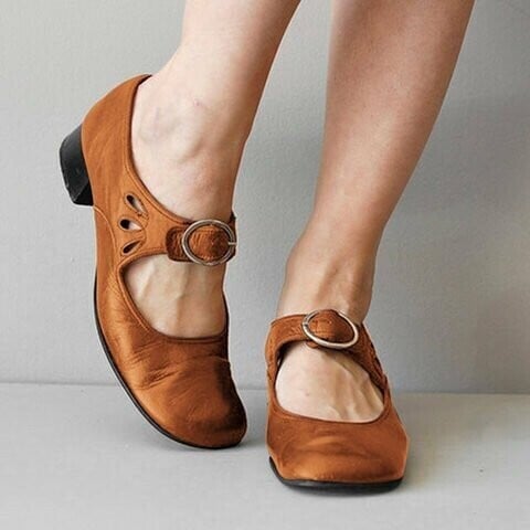 Mary Jane Leather Comfortable Low-Heeled Buckle Strap Shoes
