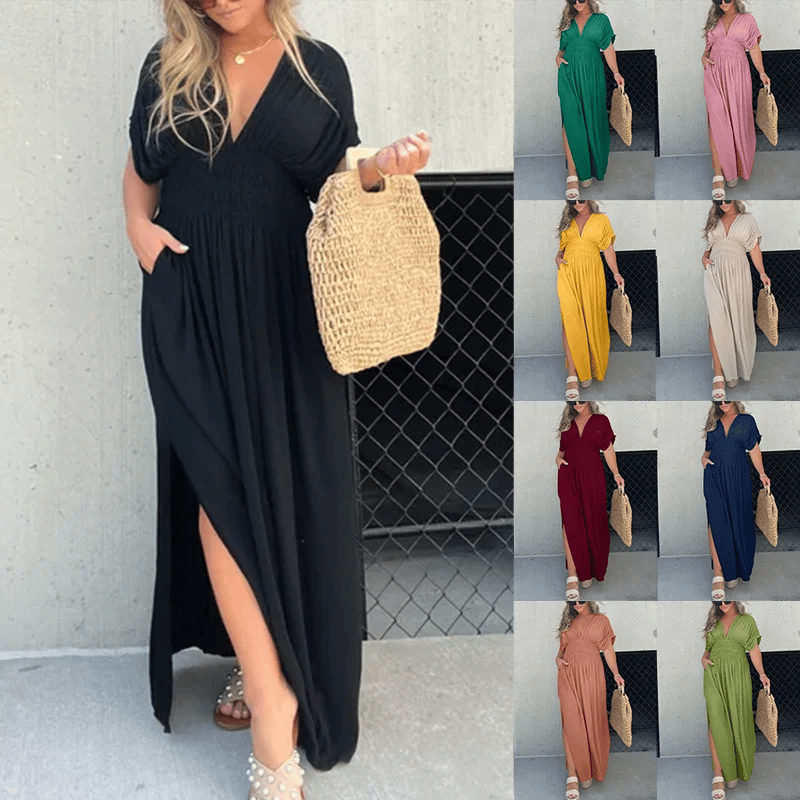 acelimosf™-  SLIT V-NECK EFFORTLESS MAXI LONG DRESS