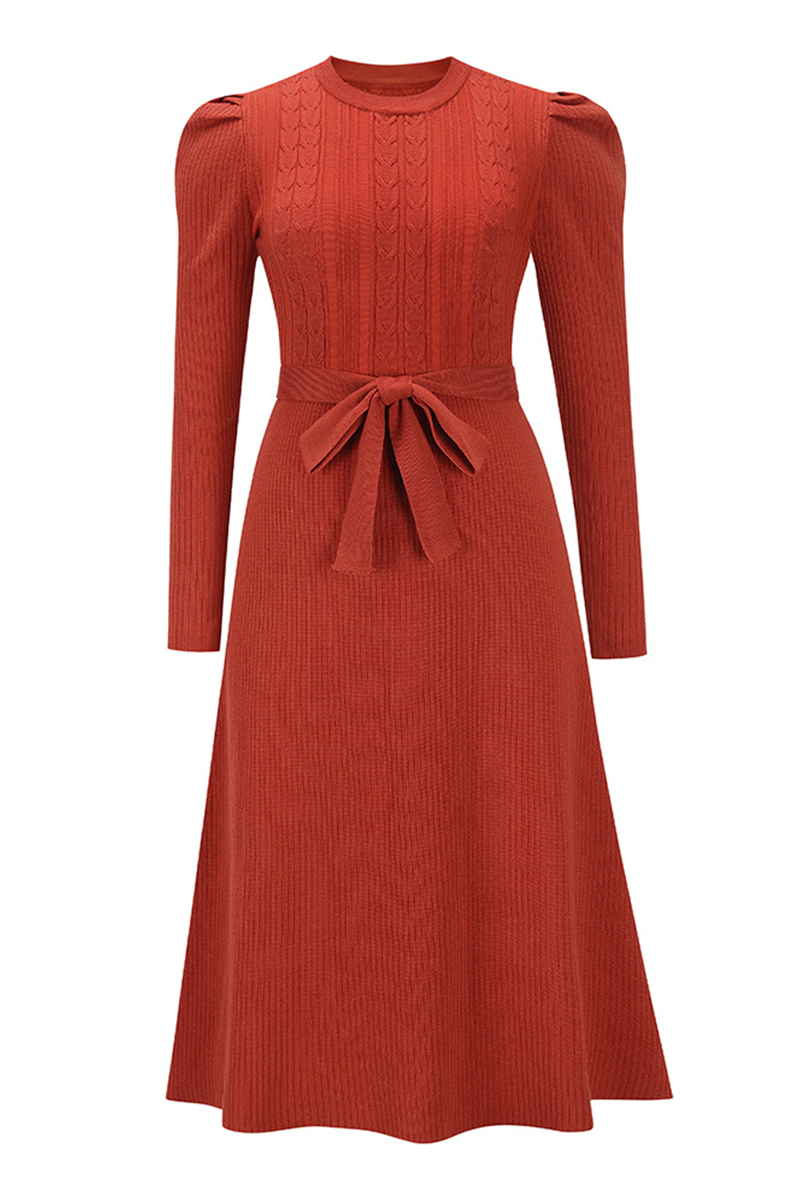 acelimosf™-Elegant Solid With Belt O Neck Sweater Dresses