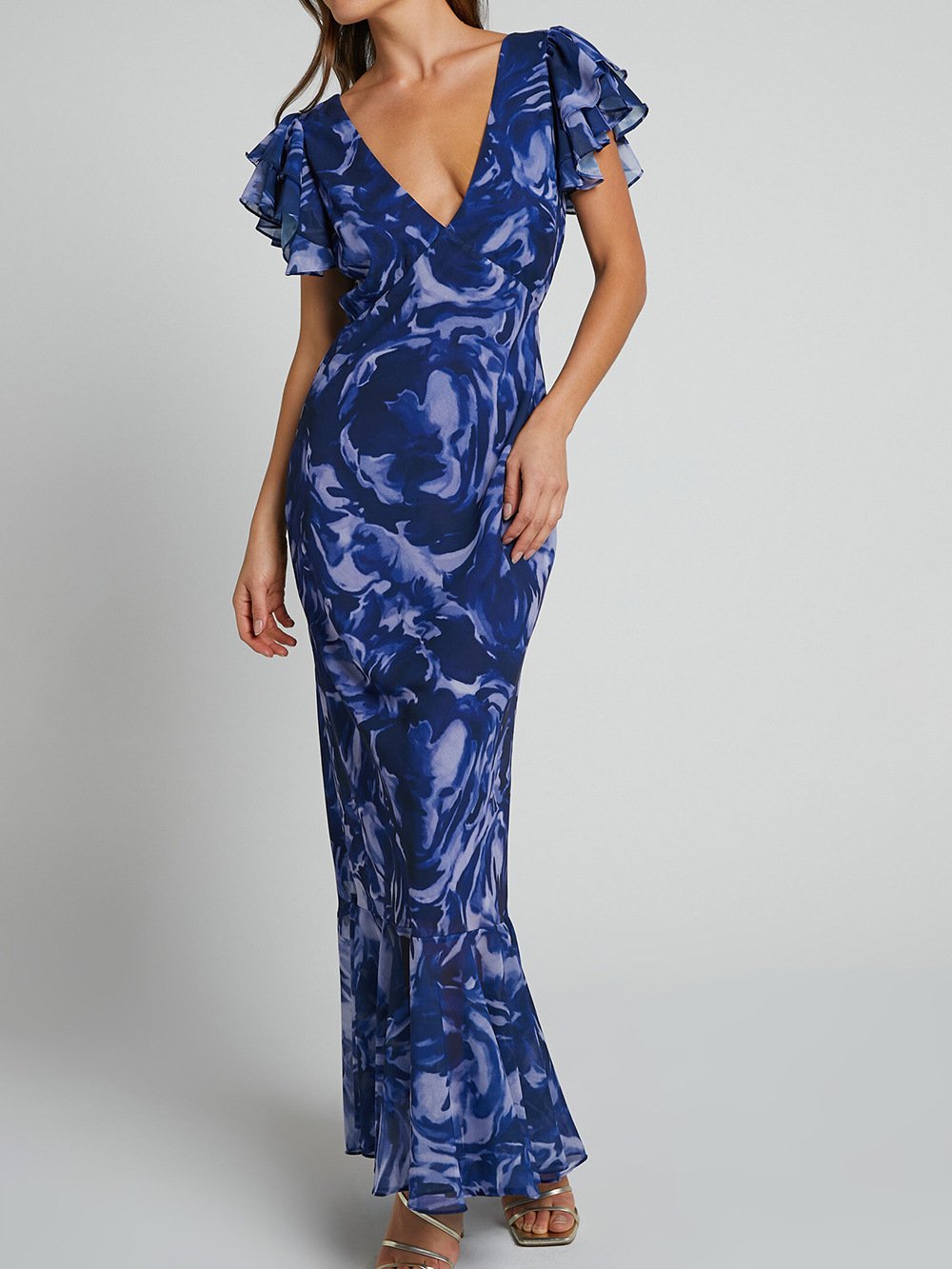 acelimosf™-Navy Swirl V-Neck Flutter Sleeve Maxi Dress