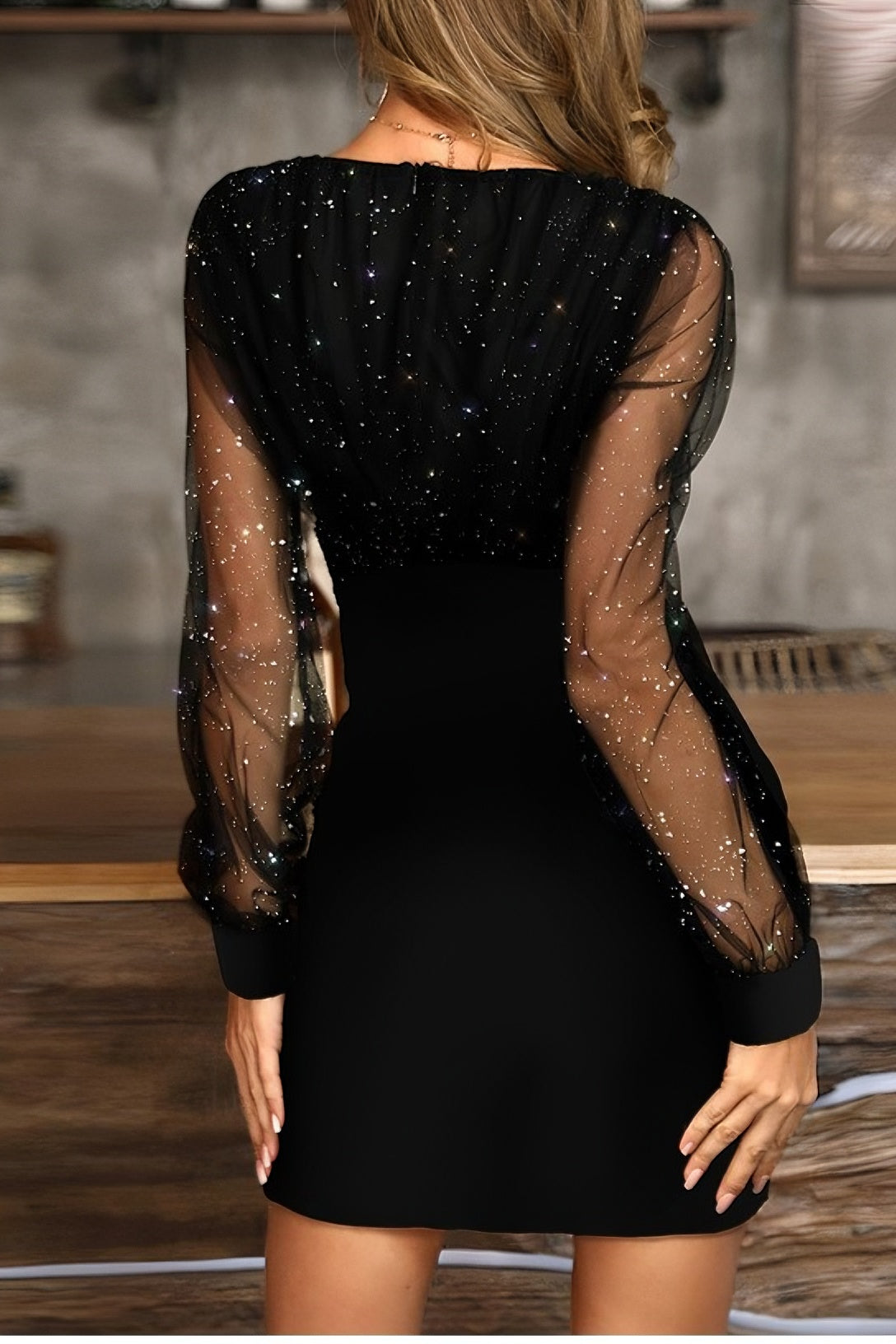 acelimosf™-Mesh V-neck sequin dress slim dress