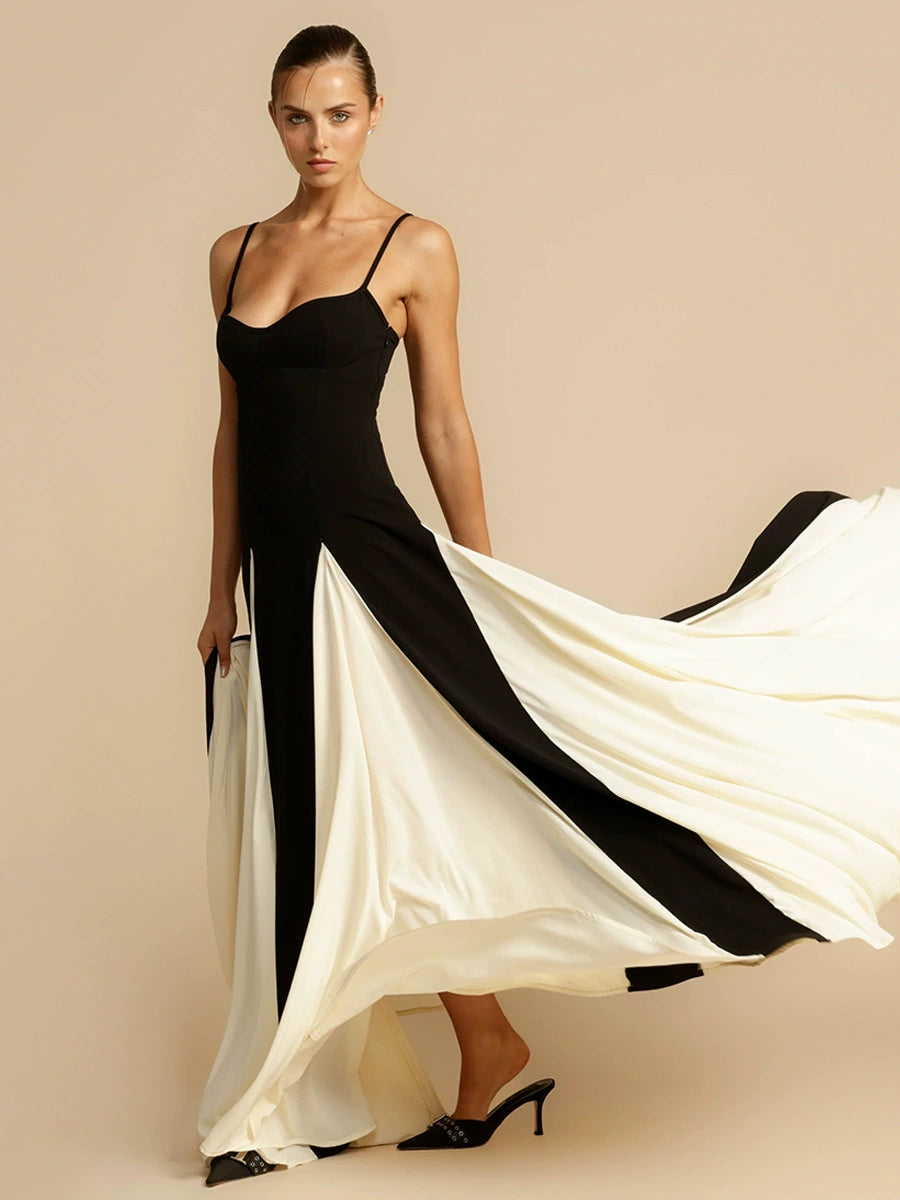 acelimosf™-Hot girl long dress black and white contrast suspender dress